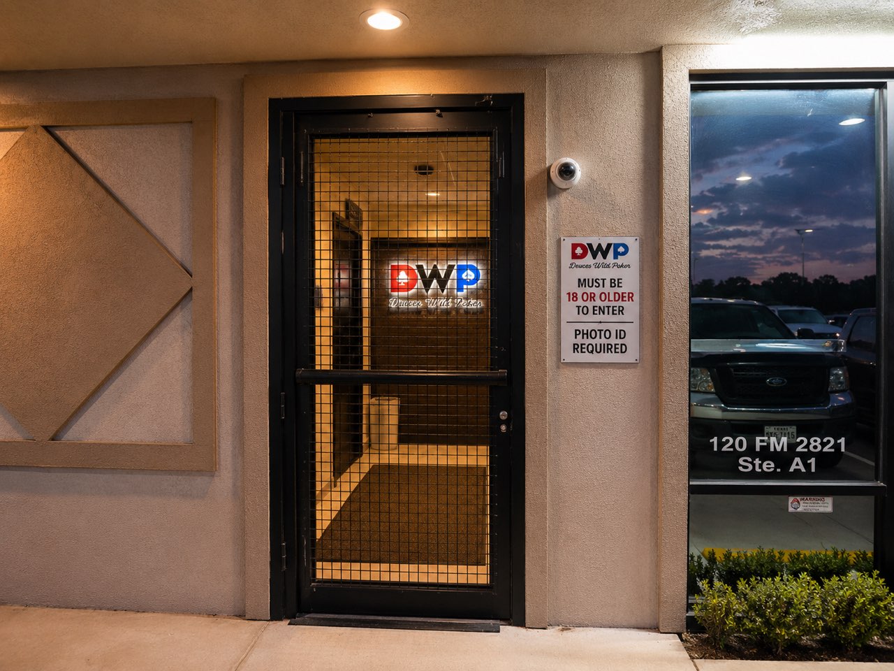 The front entrance of Deuces Wild Poker Club with the DWP sign and the 18-or-older notice