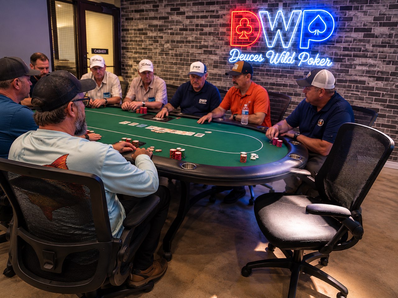 A full table of players under the DWP neon sign at Deuces Wild, with an open chair ready for the next player