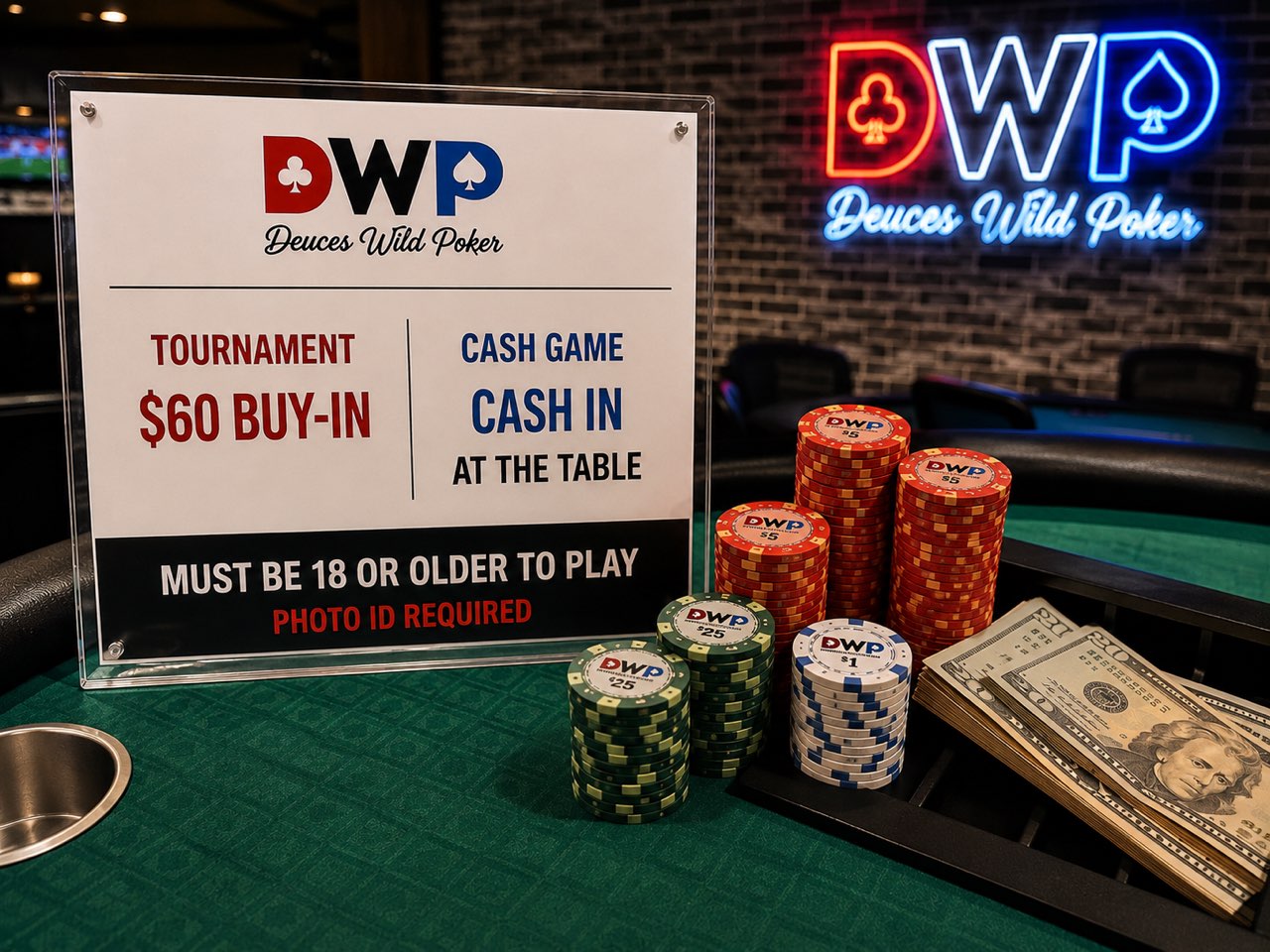 The Deuces Wild buy-in sign on the felt — $60 tournament buy-in, cash-in at the table — with chip stacks and cash