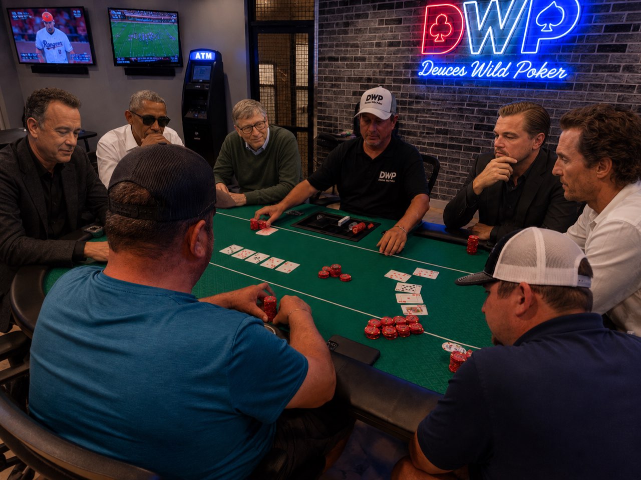 A professional dealer running a Texas Hold'em hand at Deuces Wild Poker Club, cards out on the felt